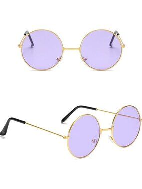 Retro Round Sunglasses With Gold Metal Frame & Light Purple Lenses